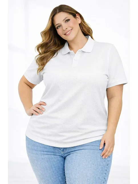 Kadın Pike Kumaş Düğmeli Yaka Battal Büyük Beden Günlük Kısa Kol Tişört T-shirt - Beyaz