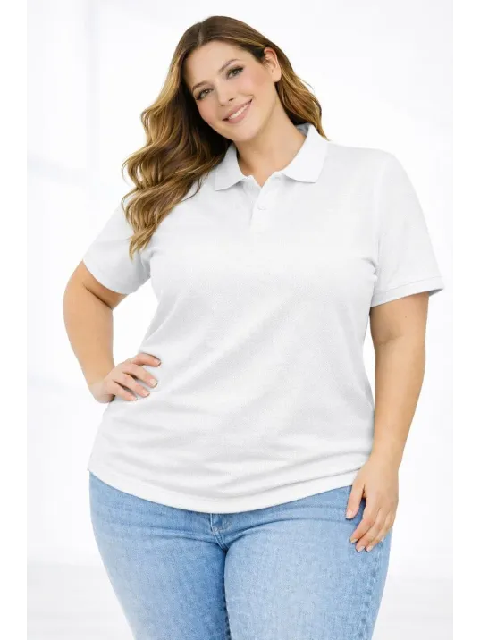 Kadın Pike Kumaş Düğmeli Yaka Battal Büyük Beden Günlük Kısa Kol Tişört T-shirt - Beyaz