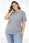 Kadın Pike Kumaş Düğmeli Yaka Battal Büyük Beden Günlük Kısa Kol Tişört T-shirt - Gri
