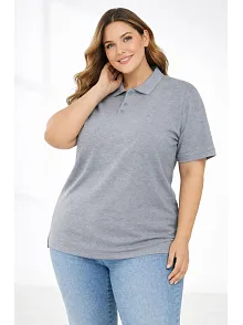 Kadın Pike Kumaş Düğmeli Yaka Battal Büyük Beden Günlük Kısa Kol Tişört T-shirt - Gri