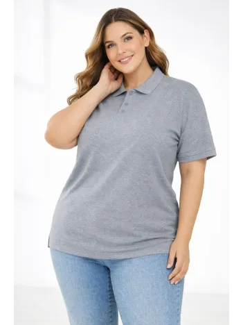 Kadın Pike Kumaş Düğmeli Yaka Battal Büyük Beden Günlük Kısa Kol Tişört T-shirt - Gri