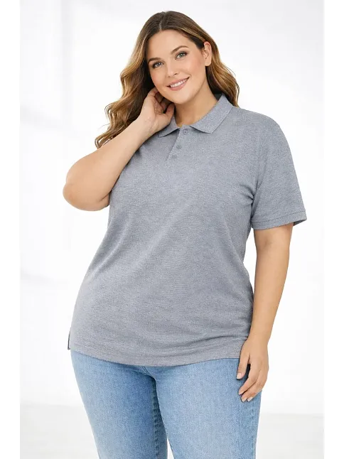 Kadın Pike Kumaş Düğmeli Yaka Battal Büyük Beden Günlük Kısa Kol Tişört T-shirt - Gri