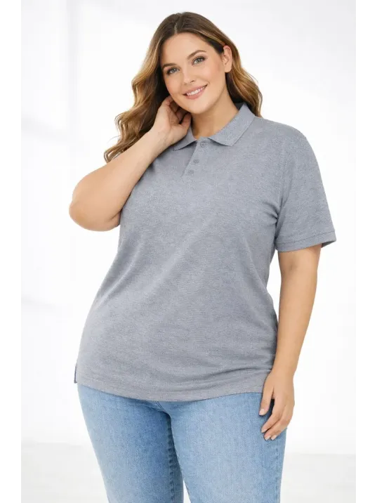 Kadın Pike Kumaş Düğmeli Yaka Battal Büyük Beden Günlük Kısa Kol Tişört T-shirt - Gri