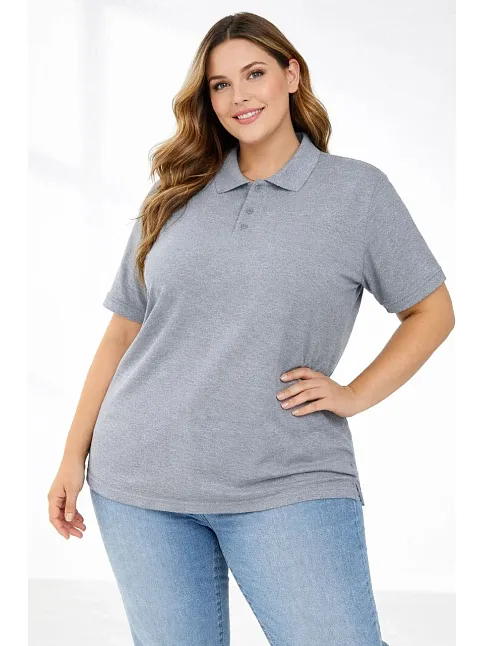 Kadın Pike Kumaş Düğmeli Yaka Battal Büyük Beden Günlük Kısa Kol Tişört T-shirt - Gri