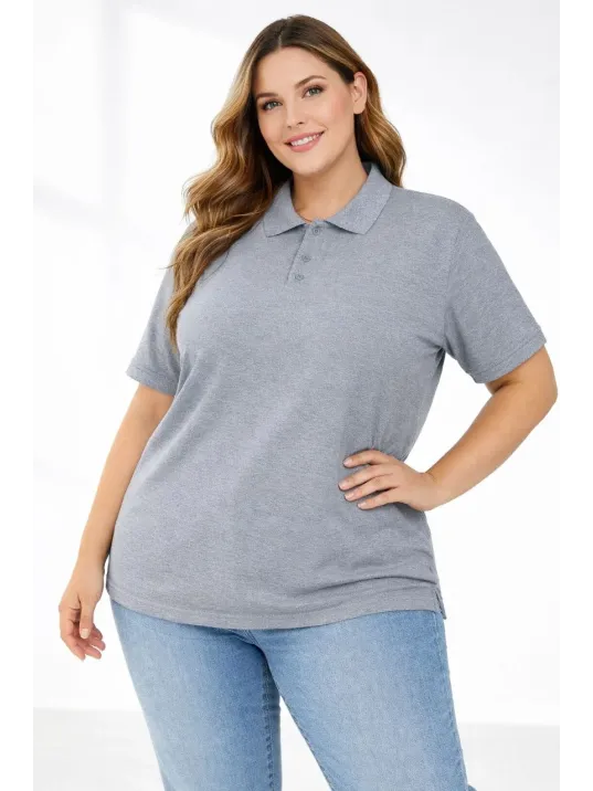 Kadın Pike Kumaş Düğmeli Yaka Battal Büyük Beden Günlük Kısa Kol Tişört T-shirt - Gri