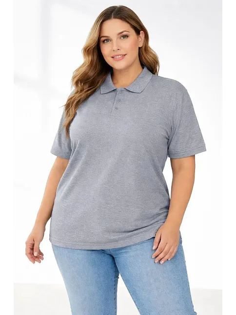 Kadın Pike Kumaş Düğmeli Yaka Battal Büyük Beden Günlük Kısa Kol Tişört T-shirt - Gri
