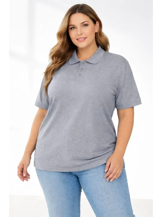 Kadın Pike Kumaş Düğmeli Yaka Battal Büyük Beden Günlük Kısa Kol Tişört T-shirt - Gri