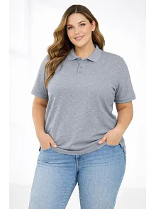 Kadın Pike Kumaş Düğmeli Yaka Battal Büyük Beden Günlük Kısa Kol Tişört T-shirt - Gri