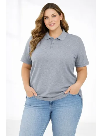 Kadın Pike Kumaş Düğmeli Yaka Battal Büyük Beden Günlük Kısa Kol Tişört T-shirt - Gri