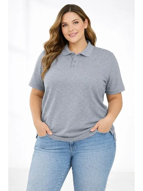 Kadın Pike Kumaş Düğmeli Yaka Battal Büyük Beden Günlük Kısa Kol Tişört T-shirt - Gri