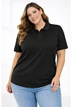 Kadın Pike Kumaş Düğmeli Yaka Battal Büyük Beden Günlük Kısa Kol Tişört T-shirt - Siyah