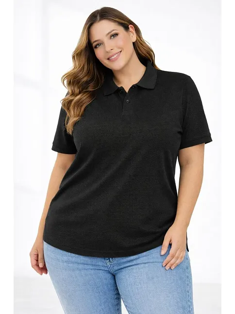 Kadın Pike Kumaş Düğmeli Yaka Battal Büyük Beden Günlük Kısa Kol Tişört T-shirt - Siyah