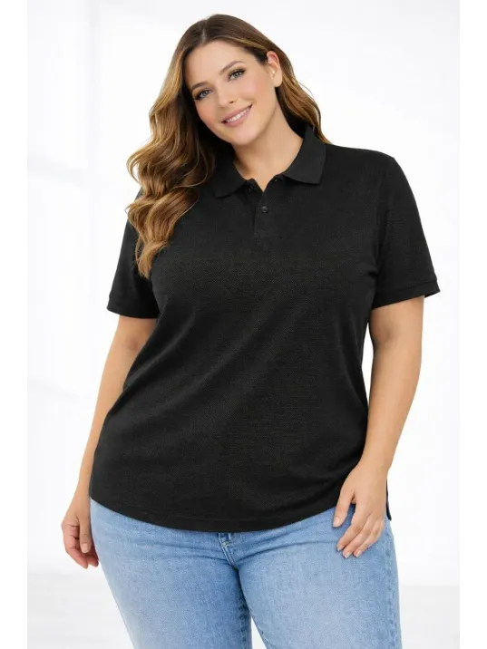 Kadın Pike Kumaş Düğmeli Yaka Battal Büyük Beden Günlük Kısa Kol Tişört T-shirt - Siyah