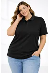 Kadın Pike Kumaş Düğmeli Yaka Battal Büyük Beden Günlük Kısa Kol Tişört T-shirt - Siyah