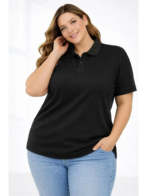 Kadın Pike Kumaş Düğmeli Yaka Battal Büyük Beden Günlük Kısa Kol Tişört T-shirt - Siyah