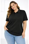 Kadın Pike Kumaş Düğmeli Yaka Battal Büyük Beden Günlük Kısa Kol Tişört T-shirt - Siyah