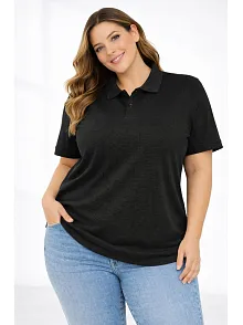 Kadın Pike Kumaş Düğmeli Yaka Battal Büyük Beden Günlük Kısa Kol Tişört T-shirt - Siyah