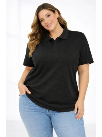 Kadın Pike Kumaş Düğmeli Yaka Battal Büyük Beden Günlük Kısa Kol Tişört T-shirt - Siyah