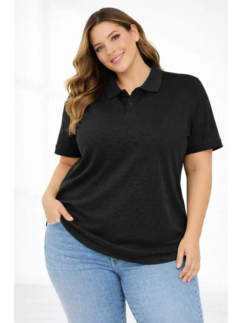 Kadın Pike Kumaş Düğmeli Yaka Battal Büyük Beden Günlük Kısa Kol Tişört T-shirt - Siyah