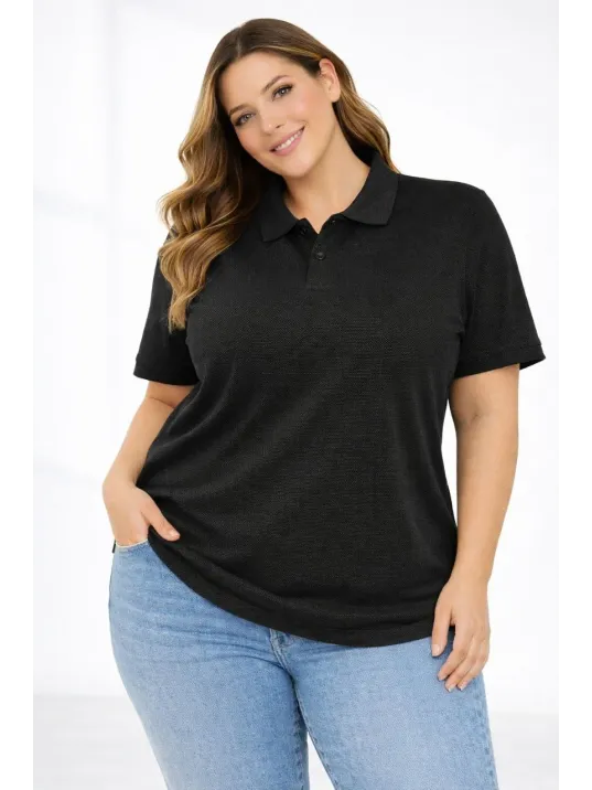 Kadın Pike Kumaş Düğmeli Yaka Battal Büyük Beden Günlük Kısa Kol Tişört T-shirt - Siyah