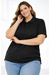 Kadın Pike Kumaş Düğmeli Yaka Battal Büyük Beden Günlük Kısa Kol Tişört T-shirt - Siyah