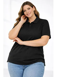 Kadın Pike Kumaş Düğmeli Yaka Battal Büyük Beden Günlük Kısa Kol Tişört T-shirt - Siyah