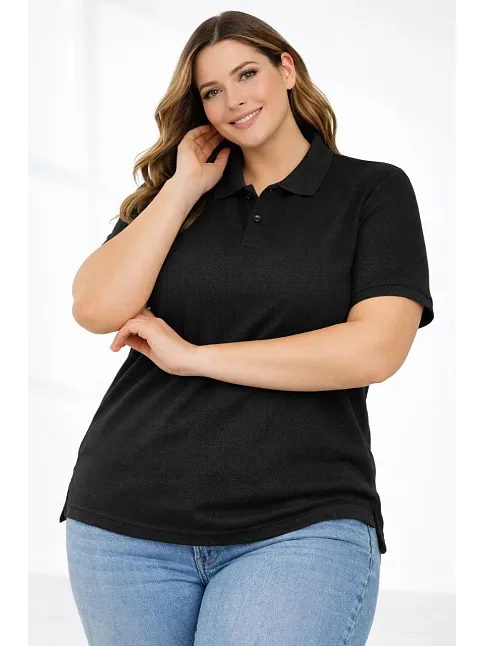 Kadın Pike Kumaş Düğmeli Yaka Battal Büyük Beden Günlük Kısa Kol Tişört T-shirt - Siyah