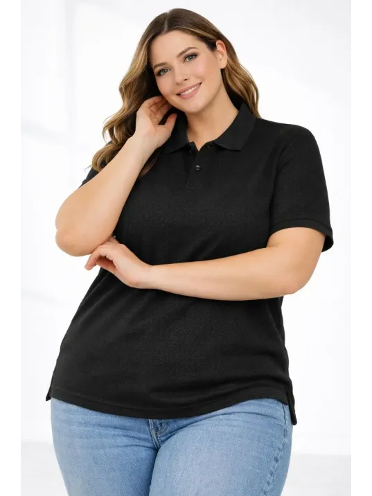 Kadın Pike Kumaş Düğmeli Yaka Battal Büyük Beden Günlük Kısa Kol Tişört T-shirt - Siyah