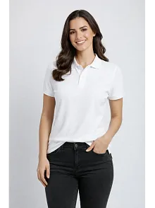 Kadın Pike Kumaş Düğmeli Yaka Regular Rahat Günlük Kısa Kol Tişört T-shirt - Beyaz