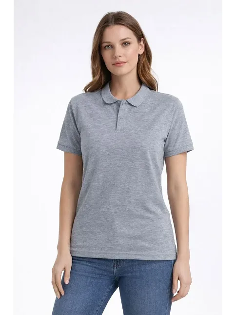 Kadın Pike Kumaş Düğmeli Yaka Regular Rahat Günlük Kısa Kol Tişört T-shirt - Gri