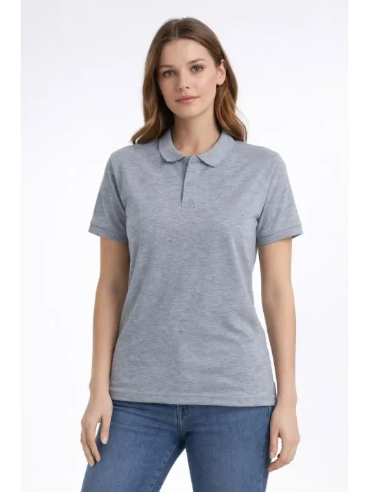 Kadın Pike Kumaş Düğmeli Yaka Regular Rahat Günlük Kısa Kol Tişört T-shirt - Gri