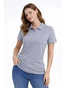Kadın Pike Kumaş Düğmeli Yaka Regular Rahat Günlük Kısa Kol Tişört T-shirt - Gri