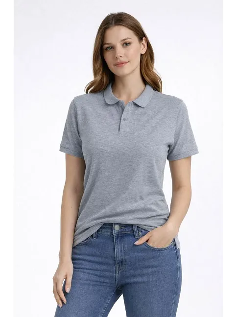 Kadın Pike Kumaş Düğmeli Yaka Regular Rahat Günlük Kısa Kol Tişört T-shirt - Gri