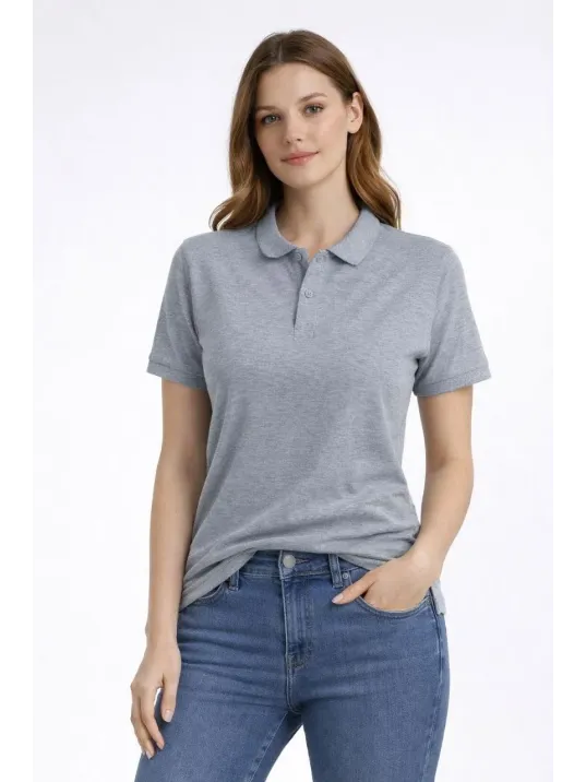 Kadın Pike Kumaş Düğmeli Yaka Regular Rahat Günlük Kısa Kol Tişört T-shirt - Gri