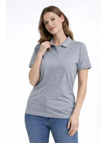 Kadın Pike Kumaş Düğmeli Yaka Regular Rahat Günlük Kısa Kol Tişört T-shirt - Gri