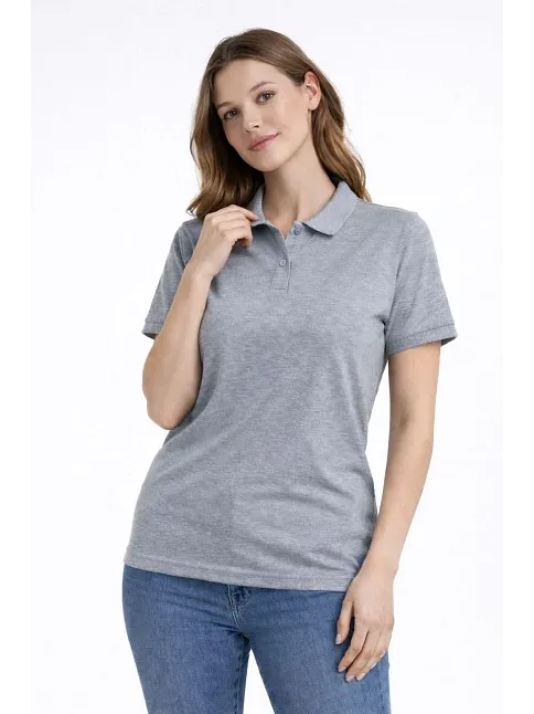 Kadın Pike Kumaş Düğmeli Yaka Regular Rahat Günlük Kısa Kol Tişört T-shirt - Gri