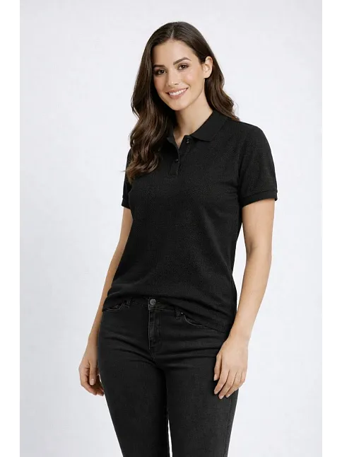 Kadın Pike Kumaş Düğmeli Yaka Regular Rahat Günlük Kısa Kol Tişört T-shirt - Siyah