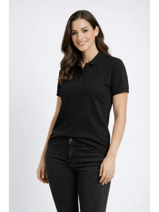 Kadın Pike Kumaş Düğmeli Yaka Regular Rahat Günlük Kısa Kol Tişört T-shirt - Siyah