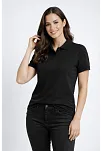 Kadın Pike Kumaş Düğmeli Yaka Regular Rahat Günlük Kısa Kol Tişört T-shirt - Siyah