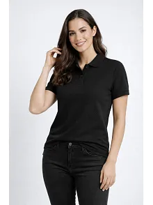 Kadın Pike Kumaş Düğmeli Yaka Regular Rahat Günlük Kısa Kol Tişört T-shirt - Siyah