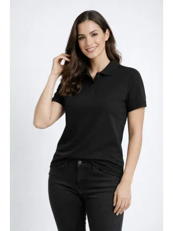 Kadın Pike Kumaş Düğmeli Yaka Regular Rahat Günlük Kısa Kol Tişört T-shirt - Siyah