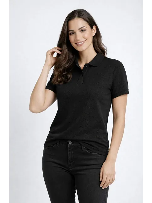 Kadın Pike Kumaş Düğmeli Yaka Regular Rahat Günlük Kısa Kol Tişört T-shirt - Siyah