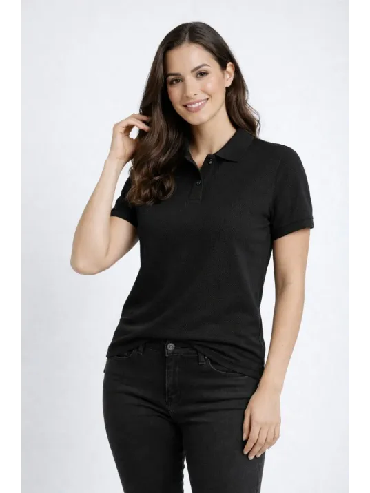 Kadın Pike Kumaş Düğmeli Yaka Regular Rahat Günlük Kısa Kol Tişört T-shirt - Siyah