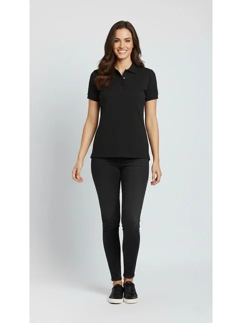 Kadın Pike Kumaş Düğmeli Yaka Regular Rahat Günlük Kısa Kol Tişört T-shirt - Siyah