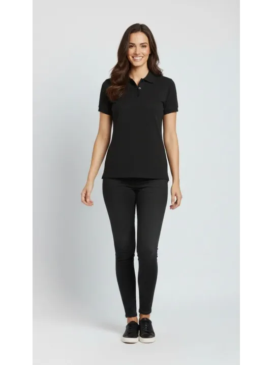 Kadın Pike Kumaş Düğmeli Yaka Regular Rahat Günlük Kısa Kol Tişört T-shirt - Siyah