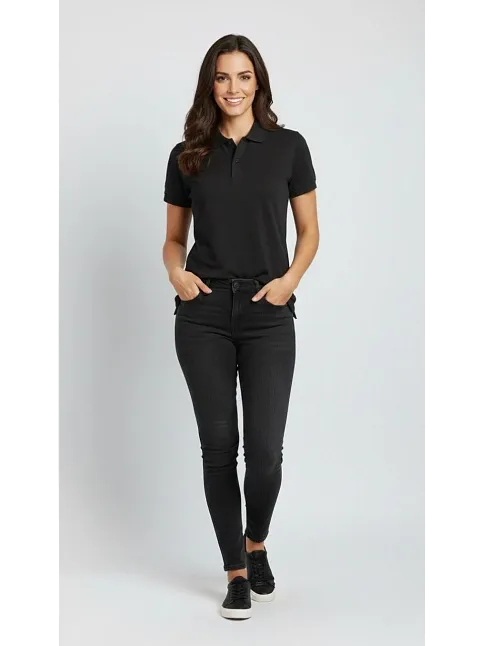 Kadın Pike Kumaş Düğmeli Yaka Regular Rahat Günlük Kısa Kol Tişört T-shirt - Siyah