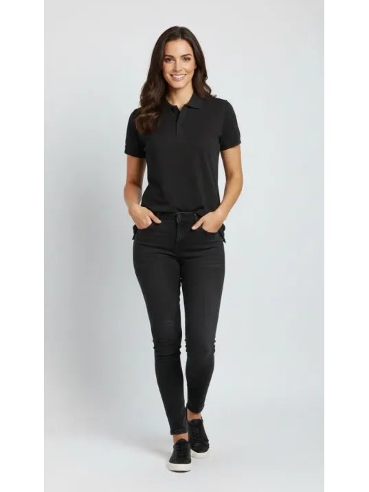 Kadın Pike Kumaş Düğmeli Yaka Regular Rahat Günlük Kısa Kol Tişört T-shirt - Siyah