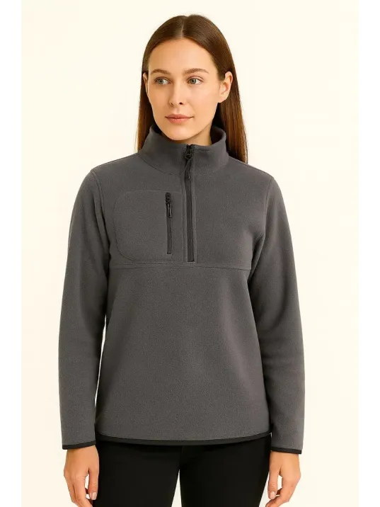 Kadın Polar Kazak – Dik Yaka, Yarım Fermuarlı, Fermuarlı Göğüs Cepli, Siyah Biyeli, Kışlık Rahat Regular Fit Günlük Model - Füme Kadın Polar Kazak – Dik Yaka, Yarım Fermuarlı, Fermuarlı Göğüs Cepli, Siyah Biyeli, Kışlık Rahat Regular Fit Günlük Model - Füme