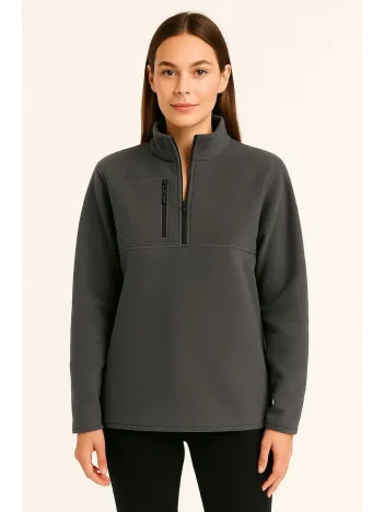 Kadın Polar Kazak – Dik Yaka, Yarım Fermuarlı, Fermuarlı Göğüs Cepli, Siyah Biyeli, Kışlık Rahat Regular Fit Günlük Model - Füme