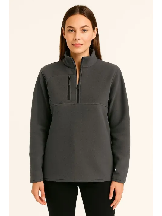 Kadın Polar Kazak – Dik Yaka, Yarım Fermuarlı, Fermuarlı Göğüs Cepli, Siyah Biyeli, Kışlık Rahat Regular Fit Günlük Model - Füme Kadın Polar Kazak – Dik Yaka, Yarım Fermuarlı, Fermuarlı Göğüs Cepli, Siyah Biyeli, Kışlık Rahat Regular Fit Günlük Model - Füme